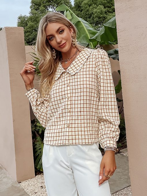 Casual Plaid Trendy BlousesTopsmainimage2Simplee-Autumn-Office-Lady-Gingham-Square-Pattern-Shirt-Women-Casual-V-neck-Brown-Skinny-Blouse-Female