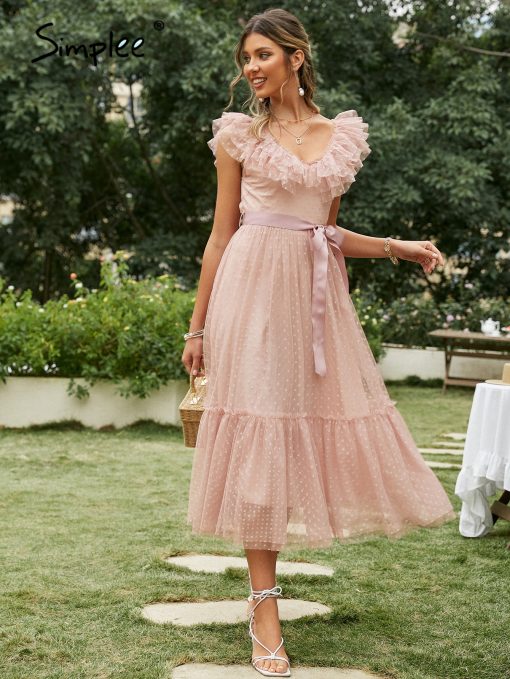 V-neck Mesh Polka Dot Long DressDressesmainimage2Simplee-V-neck-mesh-polka-dot-summer-tulle-party-dress-women-Backless-pink-ruffle-sleeveless-dresses