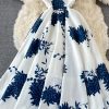 Vintage Blue Floral Midi DressDressesmainimage2Vintage-Blue-Floral-Midi-Dress-For-Women-Elegant-Square-Collar-Spaghetti-Strap-Robe-Female-High-Waist