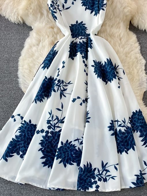 Vintage Blue Floral Midi DressDressesmainimage2Vintage-Blue-Floral-Midi-Dress-For-Women-Elegant-Square-Collar-Spaghetti-Strap-Robe-Female-High-Waist