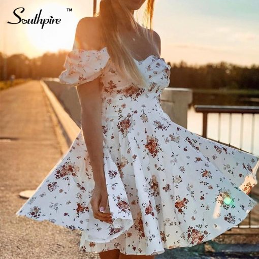Spring Summer Floral Print DressDressesmainimage3Southpire-Bohe-Flower-Print-White-Dress-Women-s-Short-Puff-Sleeve-Zipper-Mini-Sundress-Elegant-Summer