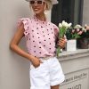 Mini Heart Print BlouseTopsmainimage5Fashion-Chiffon-Print-Women-s-Shirt-Casual-Ruffle-Short-Sleeve-Top-Pink-Chic-Woman-Blouse-And