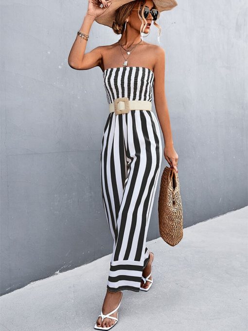 Elegant Strapless Long JumpsuitsDressesmainimage5Summer-Elegant-Strapless-Jumpsuit-Long-Women-Fashion-Black-Striped-Overalls-Wide-Leg-Rompers-Backless-Sexy-Outfits