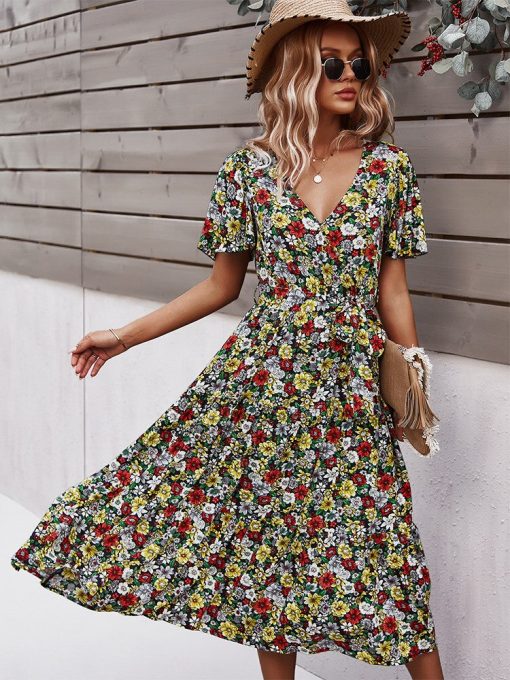 Spring New Short Sleeve Floral DressDressesvariantimage02022-Spring-New-Short-Sleeve-Floral-Dress-Women-Casual-High-Waist-Sexy-V-Neck-Print-Summer
