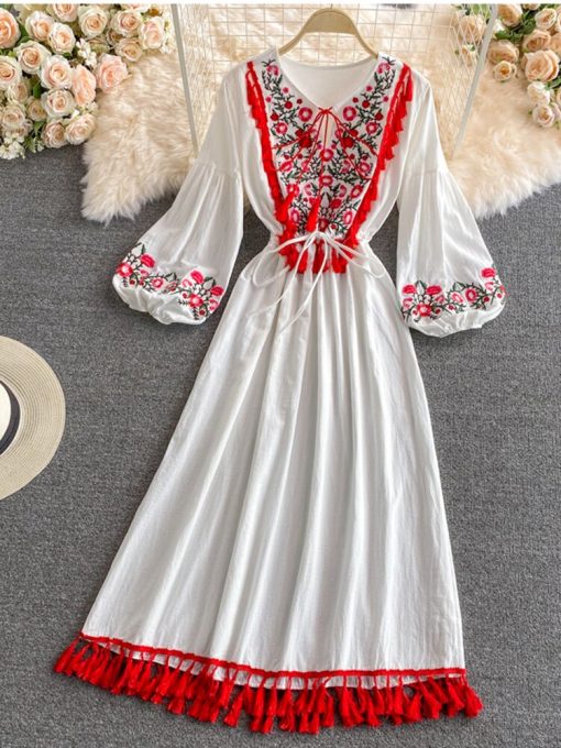 Cotton Lace Long DressDressesvariantimage0Retro-Ethnic-Style-New-Embroidery-Tassel-Lace-Cotton-and-Linen-Vestidos-Female-V-neck-Puff-Sleeve
