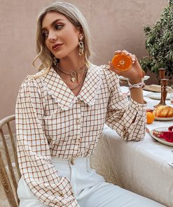 Casual Plaid Trendy BlousesTopsvariantimage0Simplee-Autumn-Office-Lady-Gingham-Square-Pattern-Shirt-Women-Casual-V-neck-Brown-Skinny-Blouse-Female