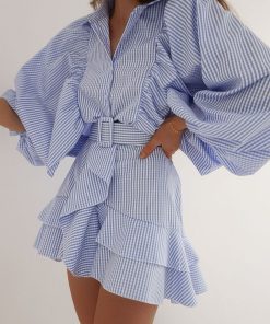 Belt Plaid Batwing Sleeve Shirt Mini DressDressesvariantimage0Simplee-Belt-blue-plaid-batwing-long-sleeve-women-dress-summer-Office-ruffle-shirt-mini-dress-Casual