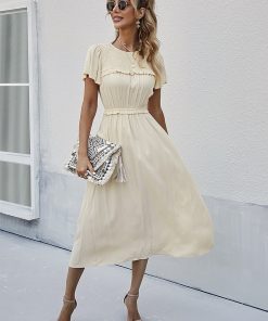 Spring Summer Sweet Solid DressDressesvariantimage0Spring-Summer-Sweet-Solid-Dress-Women-Puff-Short-Sleeve-O-Neck-High-Waist-Casual-Long-Dresses