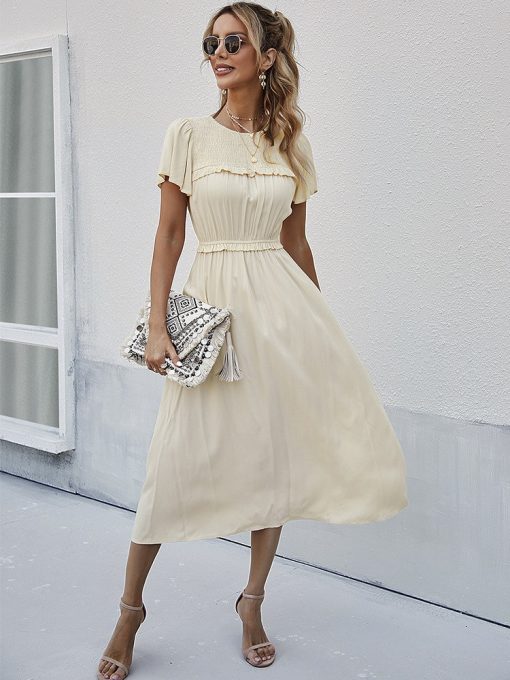 Spring Summer Sweet Solid DressDressesvariantimage0Spring-Summer-Sweet-Solid-Dress-Women-Puff-Short-Sleeve-O-Neck-High-Waist-Casual-Long-Dresses