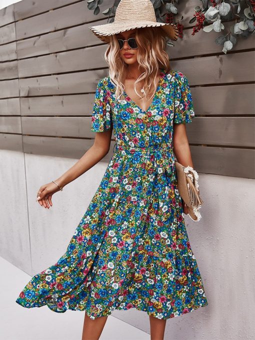 Spring New Short Sleeve Floral DressDressesvariantimage12022-Spring-New-Short-Sleeve-Floral-Dress-Women-Casual-High-Waist-Sexy-V-Neck-Print-Summer