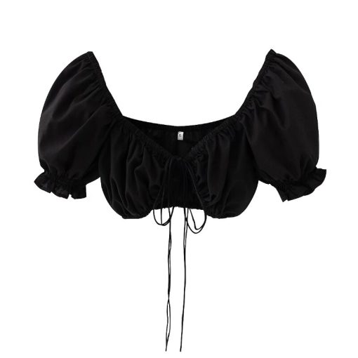 Casual Sexy Crop TopsTopsvariantimage1Black-White-Lace-Up-Bow-tie-Sexy-Short-Blouse-Women-Summer-2021-Casual-Puff-Sleeve-Small