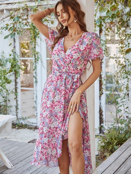 Spring Summer Floral Chiffon DressDressesvariantimage1Spring-Summer-Floral-Chiffon-Dress-For-Women-2022-New-Casual-Butterfly-Sleeve-V-Neck-Holiday-Style