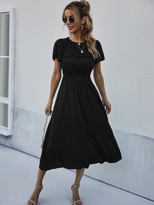 Spring Summer Sweet Solid DressDressesvariantimage1Spring-Summer-Sweet-Solid-Dress-Women-Puff-Short-Sleeve-O-Neck-High-Waist-Casual-Long-Dresses