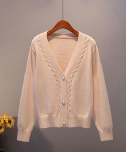 V Neck Pearl Single Breasted SweaterTopsvariantimage1Sweater-Cardigan-Women-Autumn-Winter-New-V-Neck-Pearl-Single-Breasted-Loose-Short-Thicken-Sweater-Sweet
