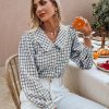 Casual Plaid Trendy BlousesTopsvariantimage2Simplee-Autumn-Office-Lady-Gingham-Square-Pattern-Shirt-Women-Casual-V-neck-Brown-Skinny-Blouse-Female