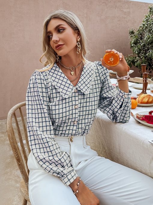 Casual Plaid Trendy BlousesTopsvariantimage2Simplee-Autumn-Office-Lady-Gingham-Square-Pattern-Shirt-Women-Casual-V-neck-Brown-Skinny-Blouse-Female