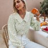 Casual Plaid Trendy BlousesTopsvariantimage3Simplee-Autumn-Office-Lady-Gingham-Square-Pattern-Shirt-Women-Casual-V-neck-Brown-Skinny-Blouse-Female