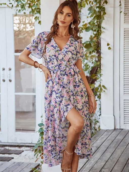 Spring Summer Floral Chiffon DressDressesvariantimage3Spring-Summer-Floral-Chiffon-Dress-For-Women-2022-New-Casual-Butterfly-Sleeve-V-Neck-Holiday-Style