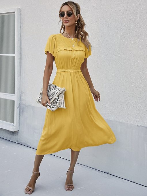 Spring Summer Sweet Solid DressDressesvariantimage4Spring-Summer-Sweet-Solid-Dress-Women-Puff-Short-Sleeve-O-Neck-High-Waist-Casual-Long-Dresses