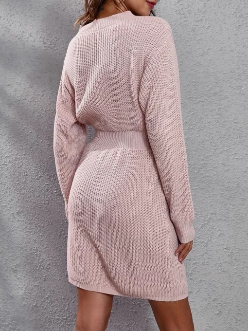 Women’s Long Knitted Sweater DressTopsATUENDO-Winter-Warm-Fashion-Pink