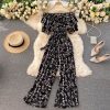 Summer Casual Floral Print Off Shoulder Ruffle JumpsuitsSwimwearsBLACK-5