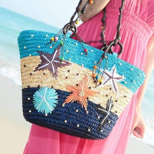 Bohemia Starfish Embroidery Seaside Holiday Beach Straw Shoulder BagsHandbagsBLUE