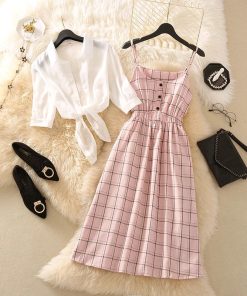 Fashion Two Piece Chiffon Blouse Shirt Top + A Line DressDressesFashion-Women-Two-Pieces-Sets-La