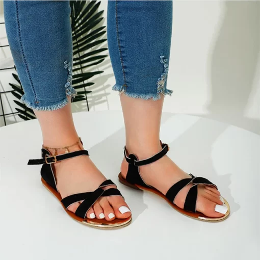 Women’s Solid Color Buckle Strap Flat Sandals – Miggon