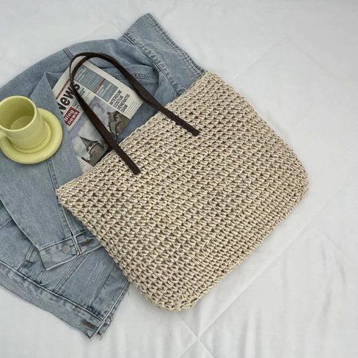 Summer Beach Bag Rattan Woven Handmade Knitted Straw HandbagsHandbagsbeige-3