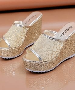 Women’s Bling Golden Slippers-SandalsSandalsmainimage0Bling-Golden-Women-Slippers-Summer-Shoes-Platform-4cm-Outside-Fitting-room-11cm-High-Heels-Wedges-Solid