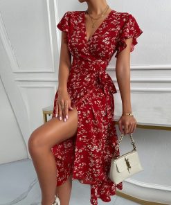 Elegant Floral Print Red DressDressesmainimage0Elegant-Floral-Print-Dress-Women-Summer-Dress-2022-New-Fashion-V-Neck-Lace-up-Short-Ruffled