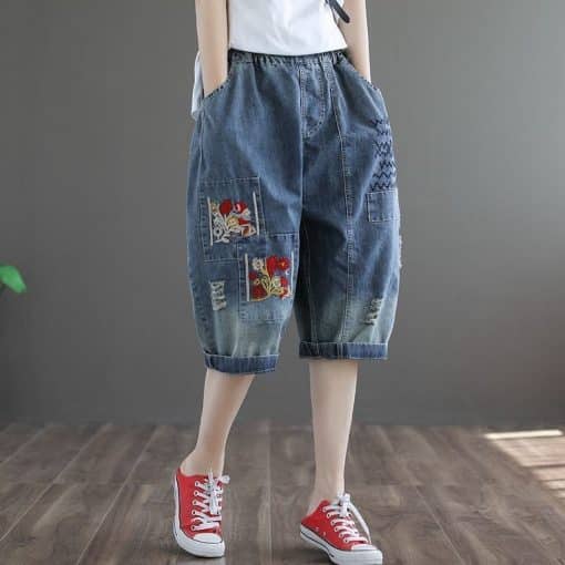 Korean Style Oversized Denim ShortsBottomsmainimage0Oversized-Denim-Shorts-Women-s-High-waist-Cropped-Trousers-Loose-and-Thin-Retro-Embroidery-Wide-leg