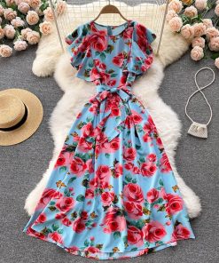 Women’s French Style Floral Print DressDressesmainimage0SINGREINY-Women-French-Floral-Dress-Elegant-Fashion-O-Neck-Sashes-A-line-Dresses-Summer-Bohemian-Casual