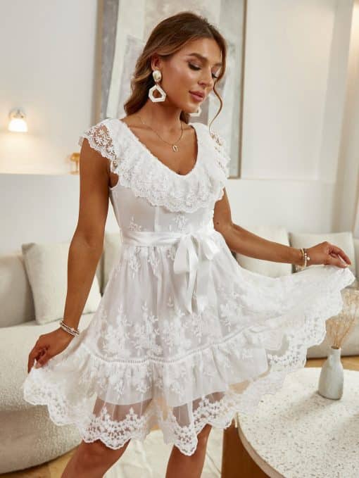 Elegant Ruffle Lace White DressDressesmainimage0Simplee-Elegant-ruffle-lace-white-dress-party-women-Summer-lace-up-sleeveless-vestido-A-line-v