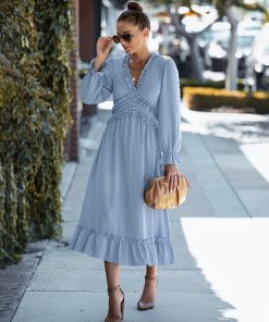 Hot Sale Spring Summer New Temperament Long DressDressesmainimage0Spring-New-Temperament-Long-Dress-Women-Casual-Full-Sleeve-Ruffles-V-Neck-Solid-Dresses-For-Ladies