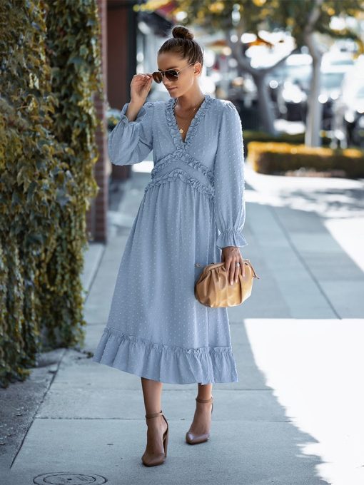 Hot Sale Spring Summer New Temperament Long DressDressesmainimage0Spring-New-Temperament-Long-Dress-Women-Casual-Full-Sleeve-Ruffles-V-Neck-Solid-Dresses-For-Ladies