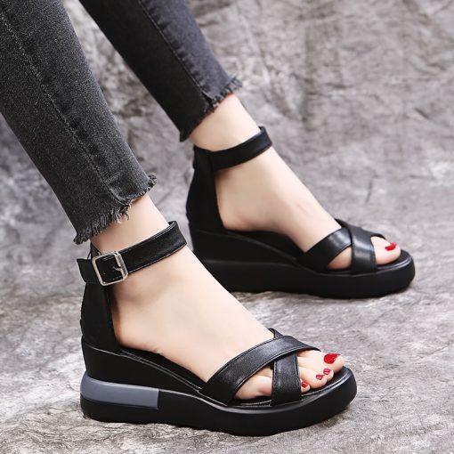 Ladies Summer Wedge Open Toe Cute SandalsSandalsmainimage0Summer-Wedge-Shoes-for-Women-Sandals-Solid-Color-Open-Toe-High-Heels-Casual-Ladies-Buckle-Strap
