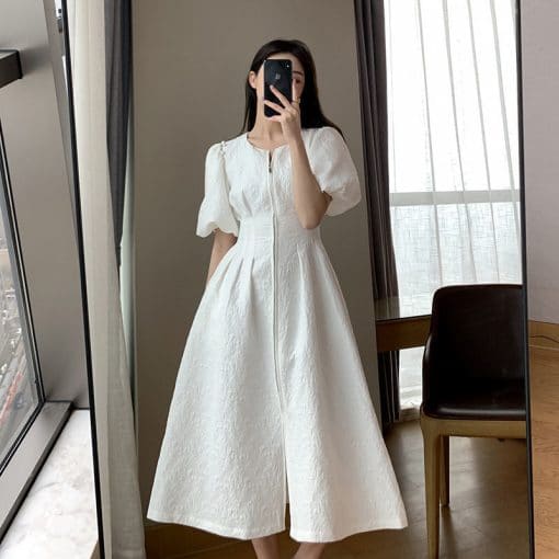 New Korean Style Temperament Puff Sleeve Long DressDressesmainimage0VANOVICH-2022-Summer-New-Korean-Style-Waist-Slim-Temperament-Puff-Sleeve-Long-Dress-A-LINE-Zipper