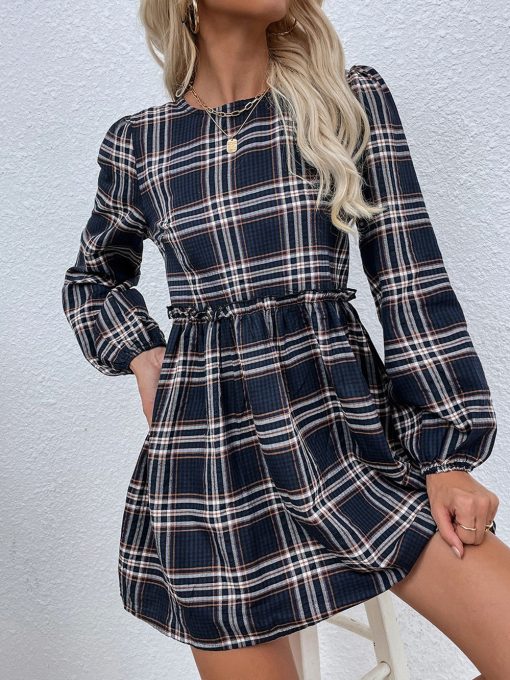 Early Fall New Plaid Oversized O Neck DressDressesmainimage0Women-2022-Early-Fall-New-Plaid-Oversized-O-Neck-Long-Sleeve-Waist-Pleated-Dress-For-Ladies