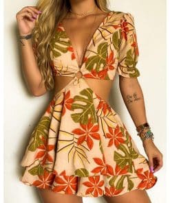 Deep V Neck Multicolor Leaves Print Mini DressDressesmainimage0Women-Dresses-Deep-V-Neck-Multicolor-Leaves-Print-Cut-out-O-ring-Short-Sleeve-Pleated-Casual