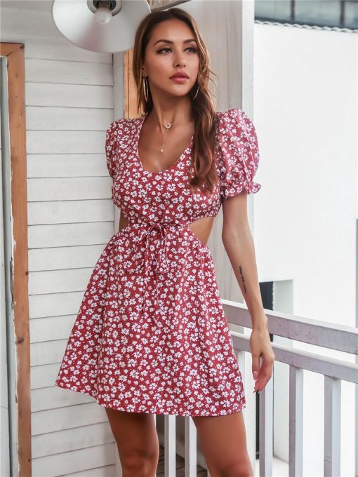 Women’s Spring Summer Puff Sleeve Print Dress – Miggon