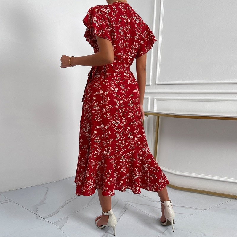 Elegant Floral Print Red Dress – Miggon