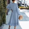 Hot Sale Spring Summer New Temperament Long DressDressesmainimage1Spring-New-Temperament-Long-Dress-Women-Casual-Full-Sleeve-Ruffles-V-Neck-Solid-Dresses-For-Ladies