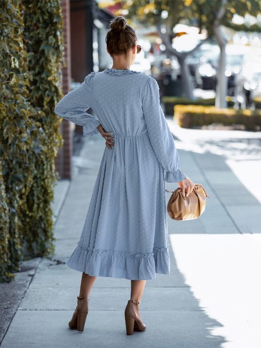 Hot Sale Spring Summer New Temperament Long DressDressesmainimage1Spring-New-Temperament-Long-Dress-Women-Casual-Full-Sleeve-Ruffles-V-Neck-Solid-Dresses-For-Ladies