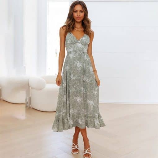 Summer Floral Long Backless DressDressesmainimage1Summer-Floral-Long-Dress-Women-Sexy-Backless-Ruffle-Lace-up-Beach-Sundress-Elegant-Green-Strap-Maxi