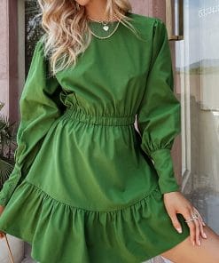 Women’s Elegant A-Line Ruffle Mini DressDressesmainimage2BerryGo-College-style-lantern-sleeves-ruffled-women-dress-green-Elegant-A-line-elastic-waist-mini-dress