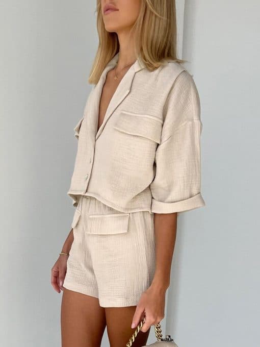Women’s Two Piece Short SuitsDressesmainimage2Mnealways18-Office-Ladies-Crepe-Two-Pieces-Shorts-Suits-Notched-Half-Sleeves-Shirts-And-Elastic-Shorts-Cotton