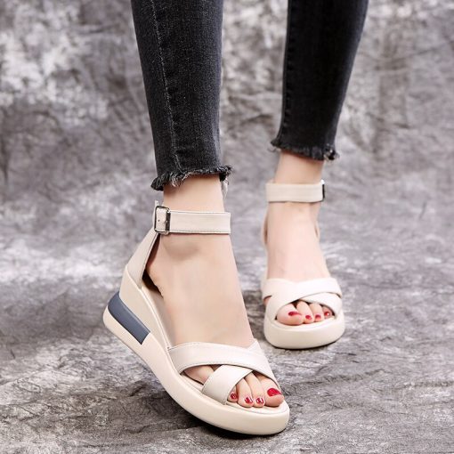 Ladies Summer Wedge Open Toe Cute SandalsSandalsmainimage2Summer-Wedge-Shoes-for-Women-Sandals-Solid-Color-Open-Toe-High-Heels-Casual-Ladies-Buckle-Strap