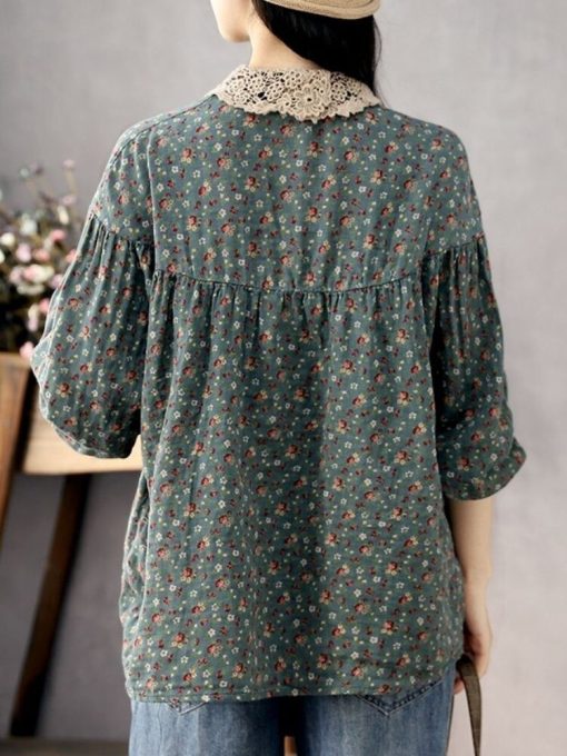 Women’s Casual Cotton Floral Print BlousesTopsmainimage2Women-Long-Sleeve-Casual-Shirts-New-2022-Spring-Vintage-Style-Lace-Collar-Floral-Print-Loose-Female