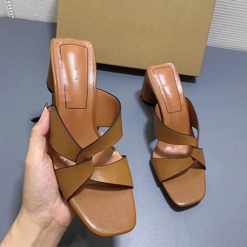 Summer New Women’s Brown Leather SandalsSandalsmainimage2ZARZ-2022-Summer-New-Women-s-Shoes-Brown-Thick-Heeled-Leather-Sandals-Square-Toe-Cross-With